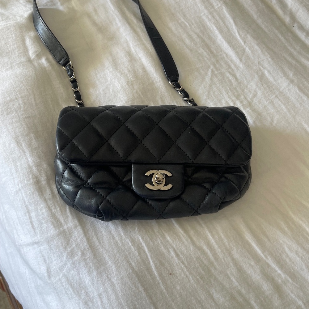 Authentic Chanel Uniform Black Leather Quilted Belt Bum Bag Sling